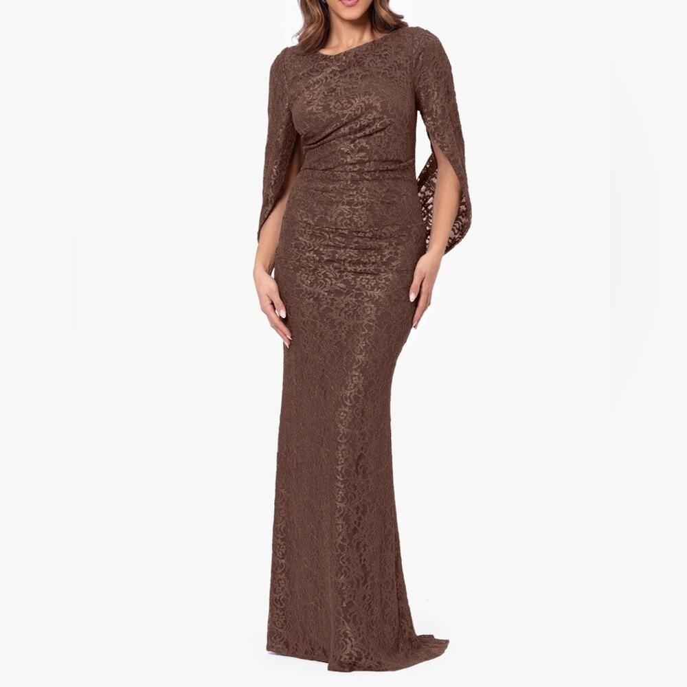 Betsy & Adam “Gina” Glitter Lace Cape Back Gown Brown Women’s Sz 4 NWT